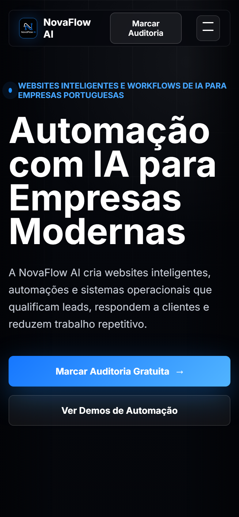Página de NovaFlow AI vista no telemóvel